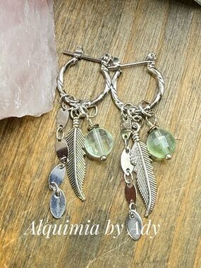 Alquimia Silver Hoop Earrings with Feather Charms and Pale Green Beads